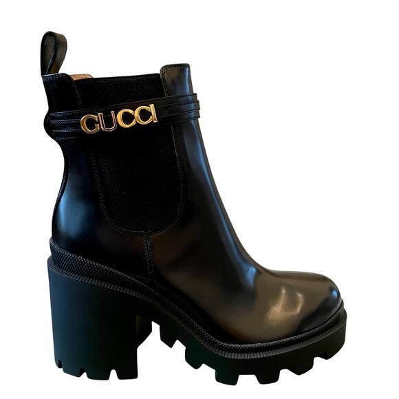 Gucci Trip Signature Logo Leather Combat Ankle Boots Women's 39.5 US 9.5 NEW - Picture 1 of 16